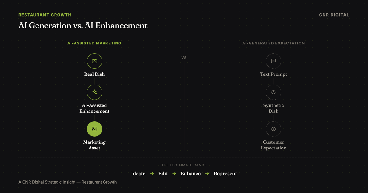Comparison of AI-generated restaurant food imagery and authentic food photography used in restaurant marketing.