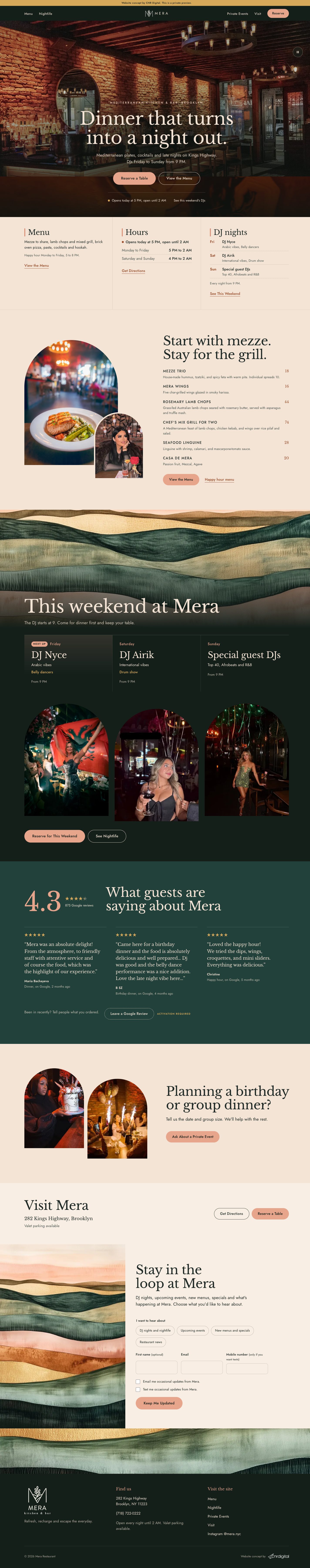 Scrolling preview of the Mera NYC website, from top to bottom